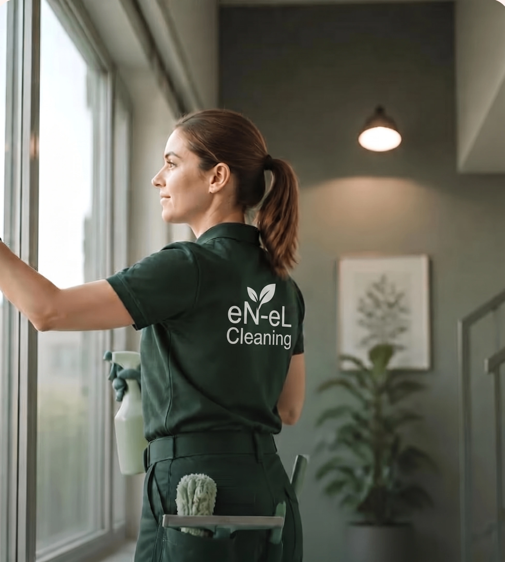 Mitarbeiterin von eN-eL Cleaning reinigt Fenster in einem hellen Treppenhaus