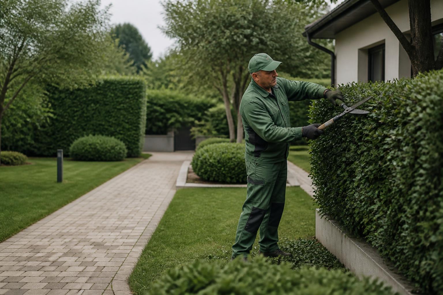 Mitarbeiter pflegt eine Hecke im Außenbereich einer Wohnanlage